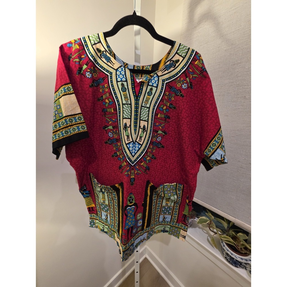 African Print Dashiki Pullover Tunic Top, Pink Multicolor, Cotton Woven, OS